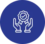 A graphic icon of two hands holding up a badge with a checkmark and a ribbon, all within a solid blue circle.